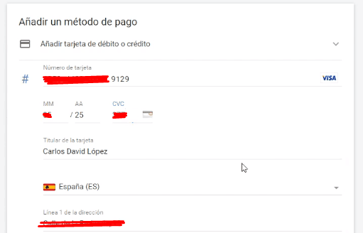Añadir tarjeta de crédito en Google Ads