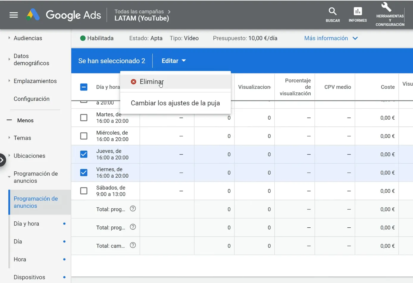 Quitar días u horas en la programación de Anuncios Google Ads