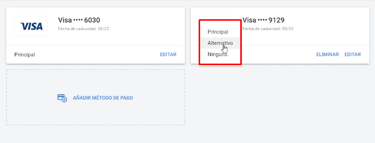 Elegir Método de pago principal Google Ads