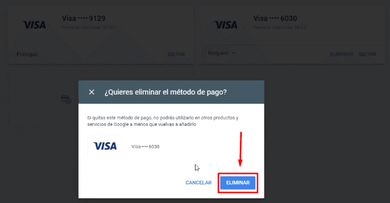 Eliminar un Método de pago Google Ads