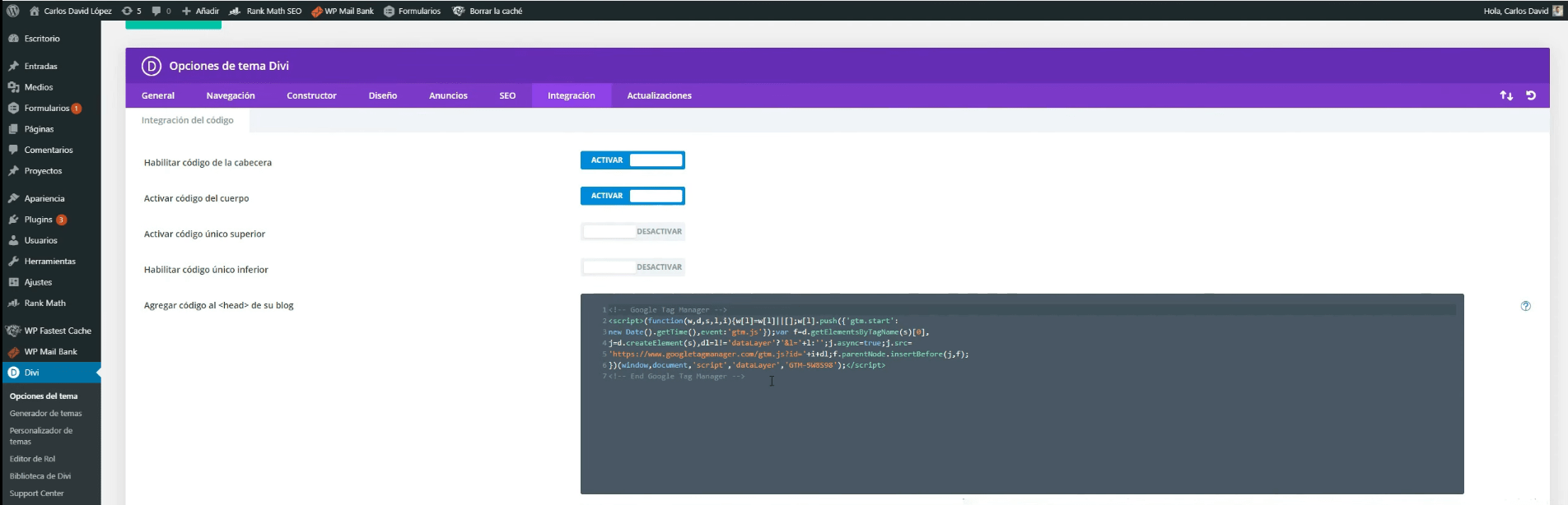 Introducir código en WordPress