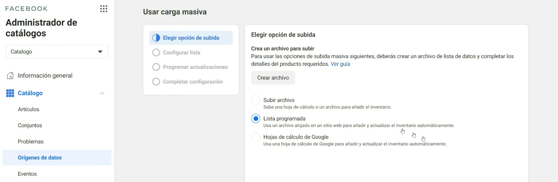 Elegir opción de subida