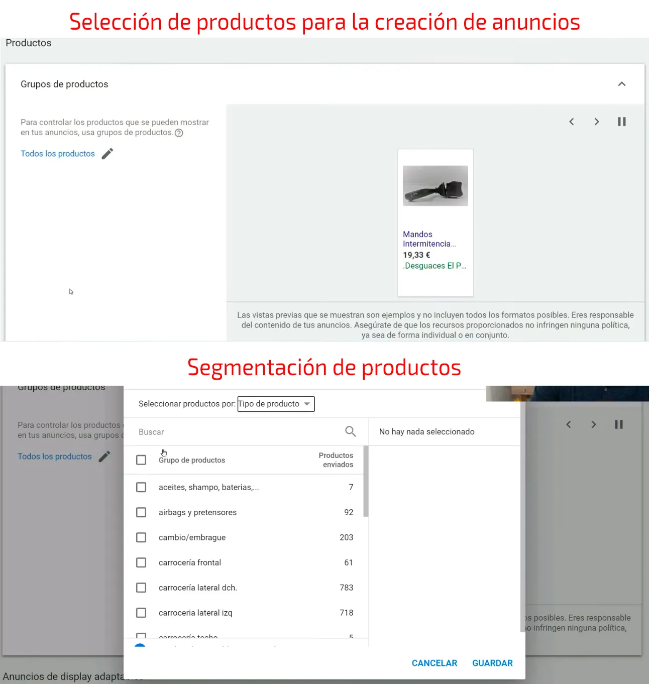 Creación de grupo de anuncios - Selección de productos