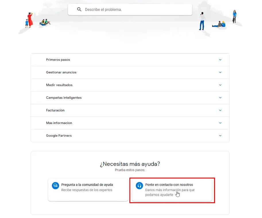 Menú de ayuda genérico del soporte Google Ads
