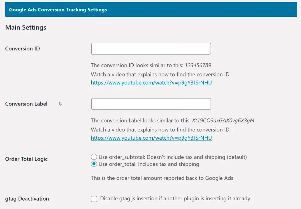 Ingresar datos de Google Ads Conversion Tracking
