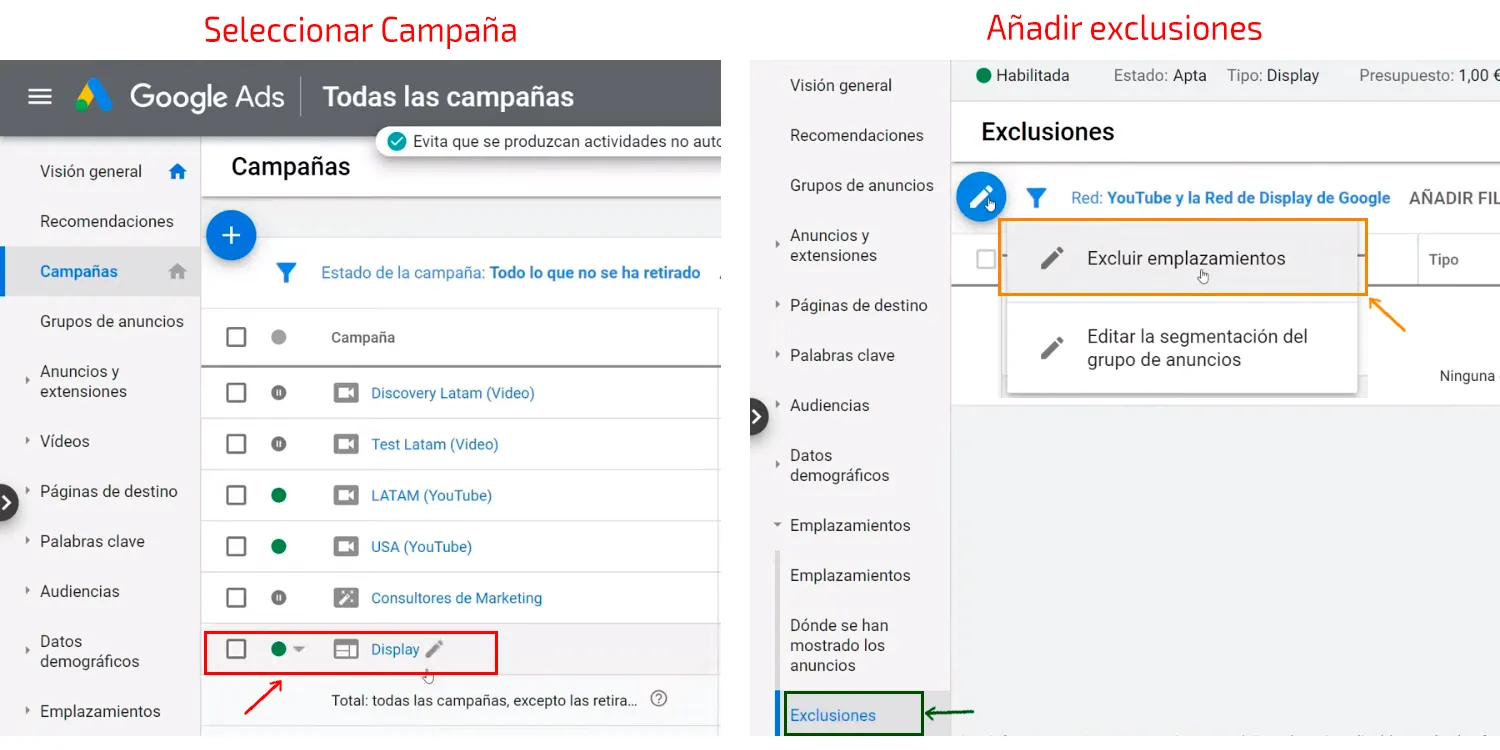 Ruta para excluir emplazamientos