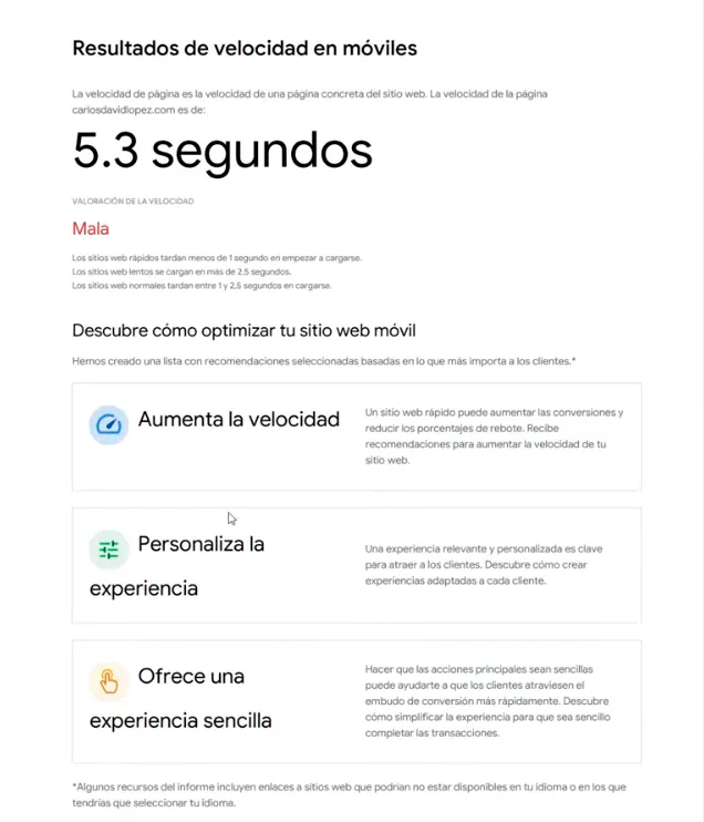 Informe en PDF de Google Test My Site
