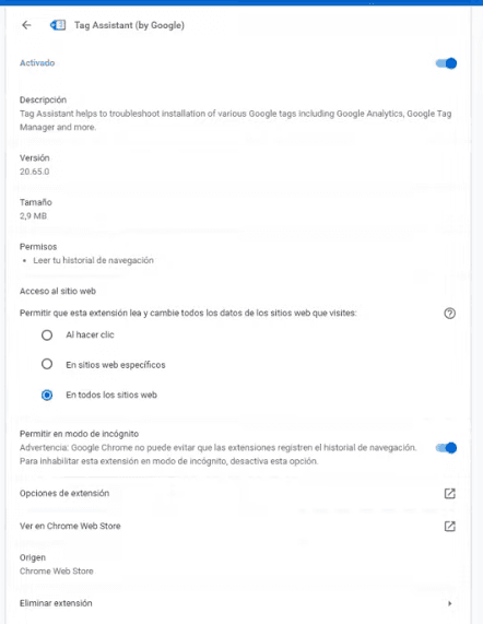 Habilitar extensión en modo incógnito