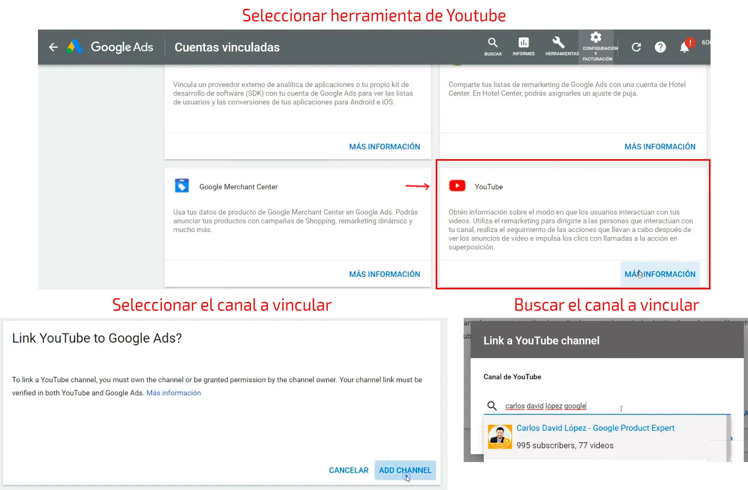 Selección del canal de YouTube a vincular