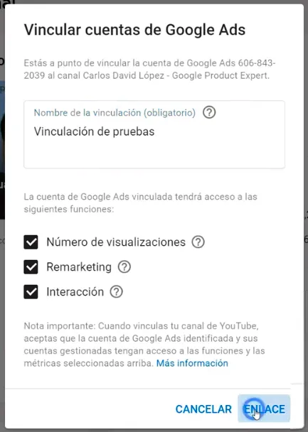 Opciones de vinculación en Youtube