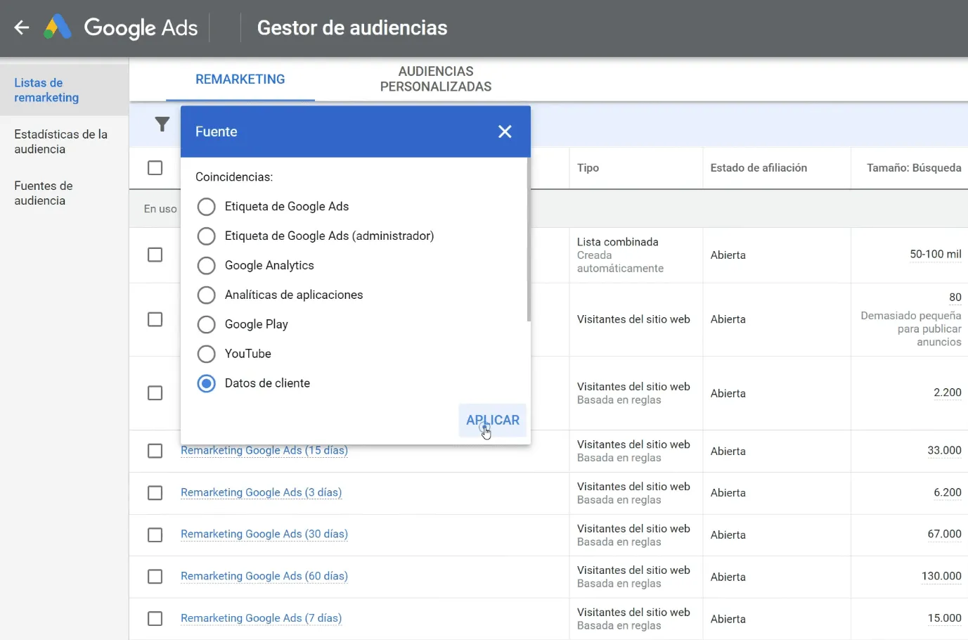 Comprobar listas de clientes para hacer Remarketing Google Ads
