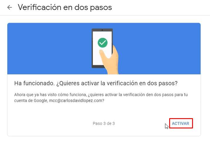 Activar verificación en dos pasos con SMS