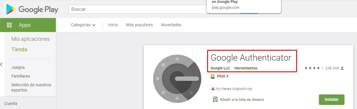 Opción no recomendada: Autentificador de Google