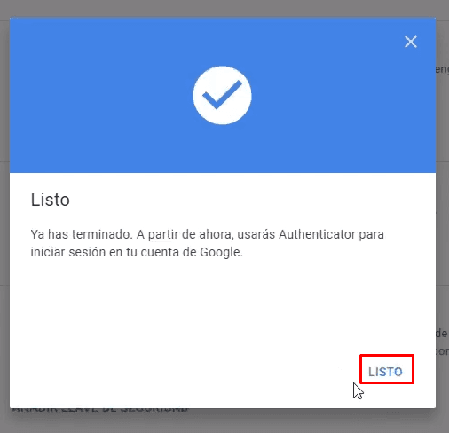 Autenticación en 2 pasos Google activada