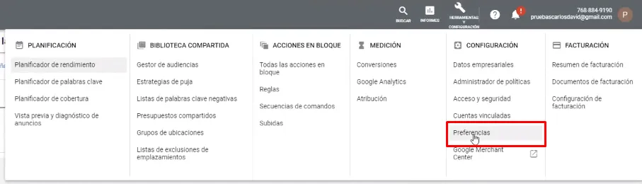 Acceder a Preferencias de la cuenta