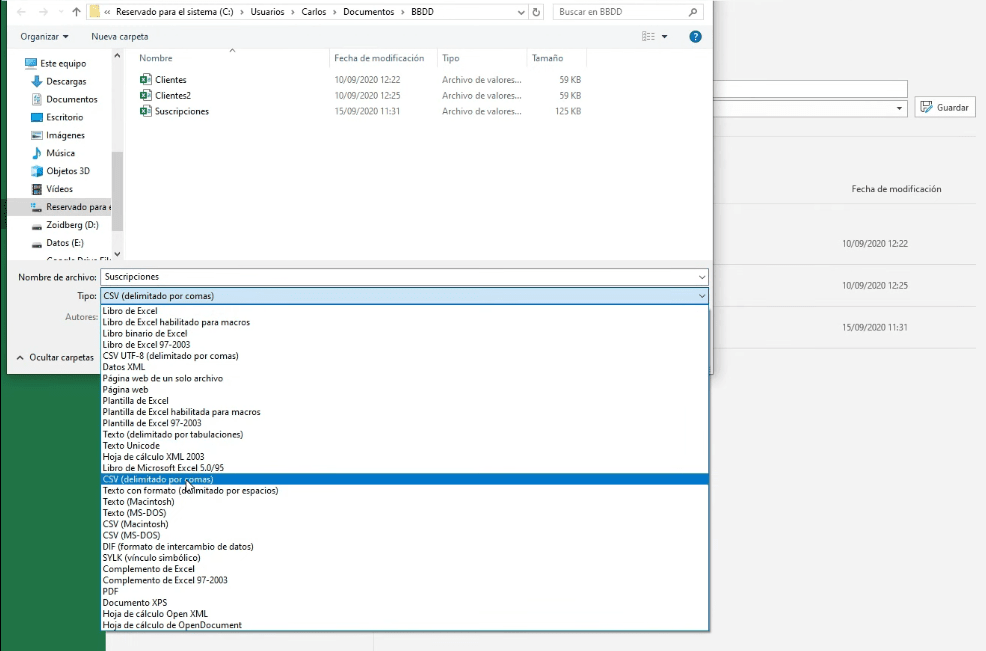 Guardar archivo en formato CSV (delimitado por comas)