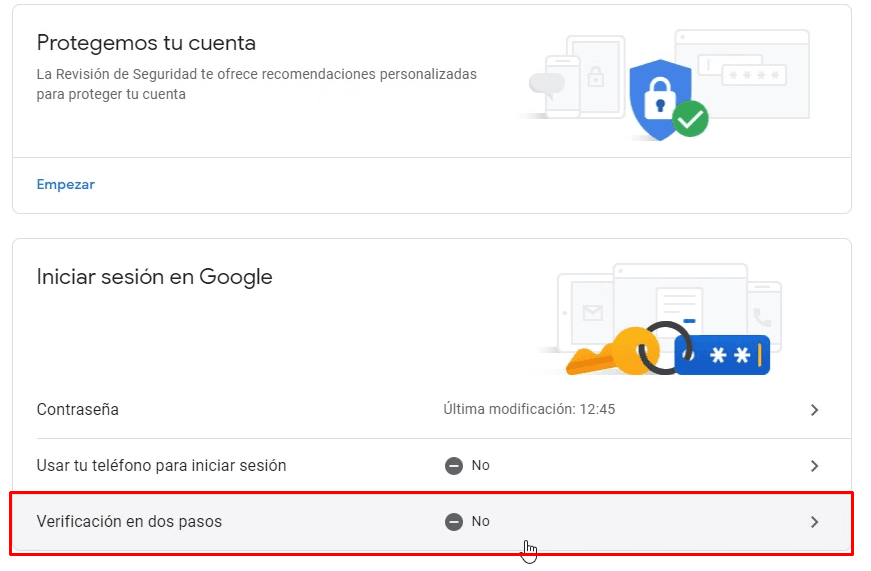 Activar la Verificación en dos pasos Google