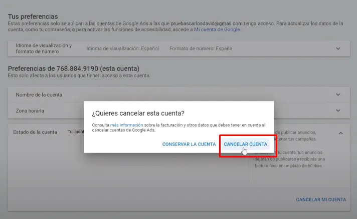 Cuenta cancelada en Google Ads