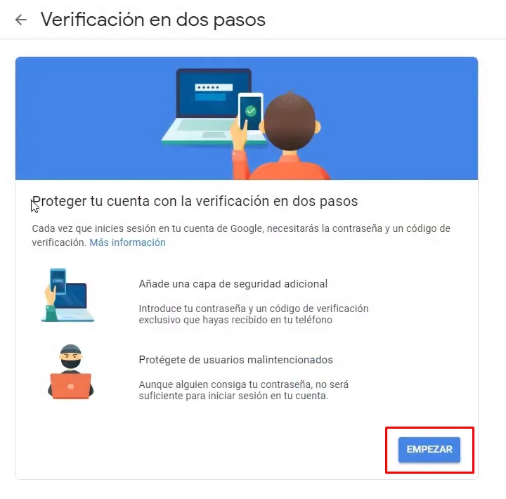 Empezar proceso de verificación en 2 pasos