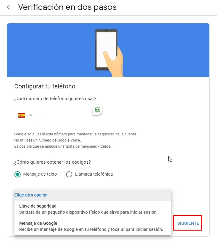 Primeras opciones de autenticación en dos pasos