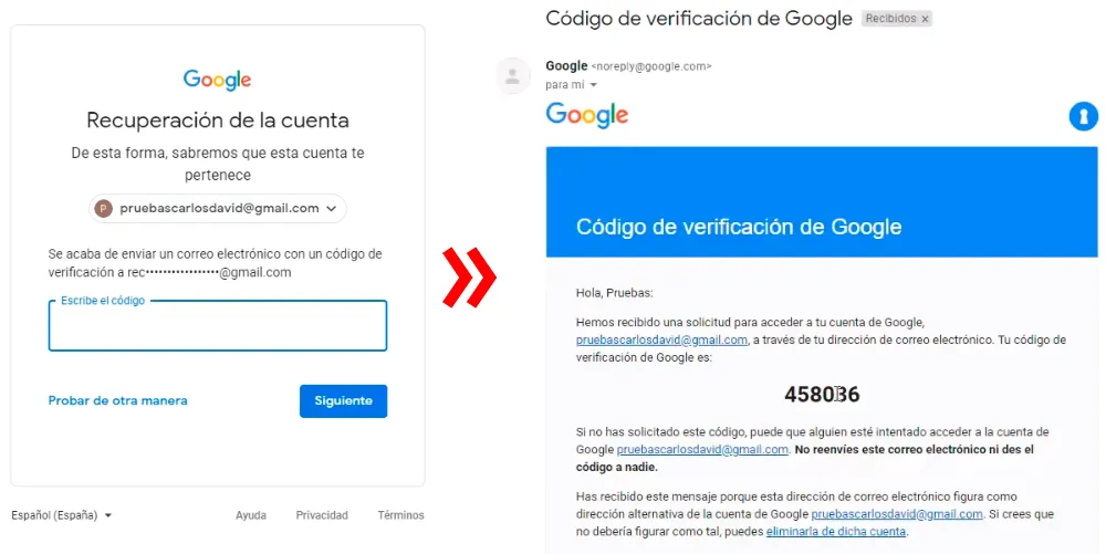Enviar mensaje al correo de recuperación