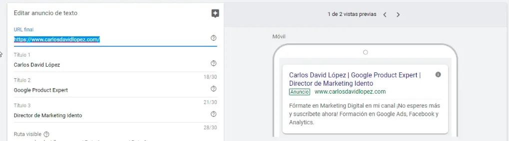 URL principal del anuncio de texto