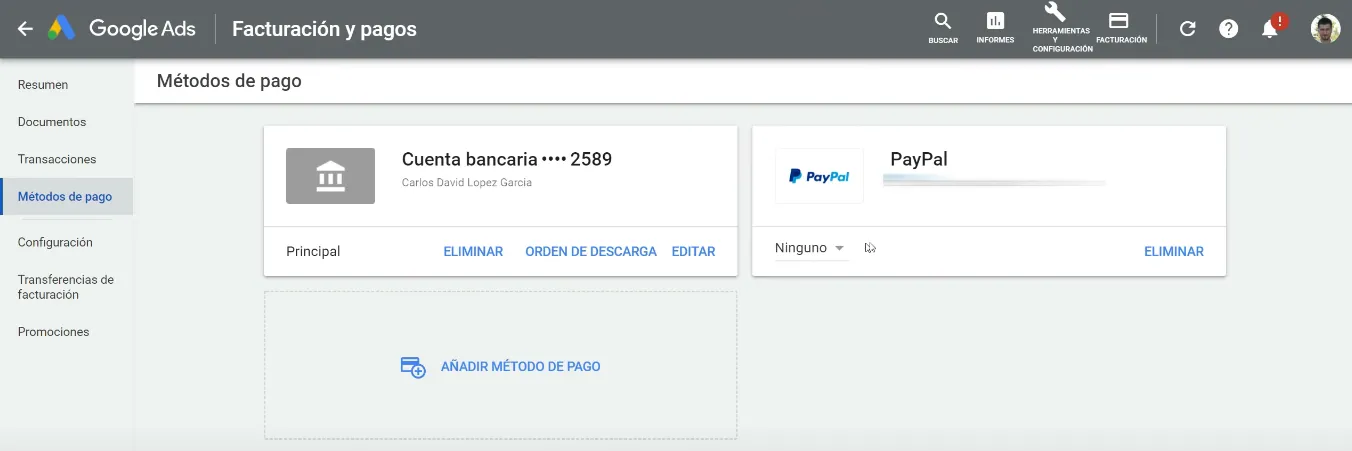 Configuración de PayPal en Google Ads lista