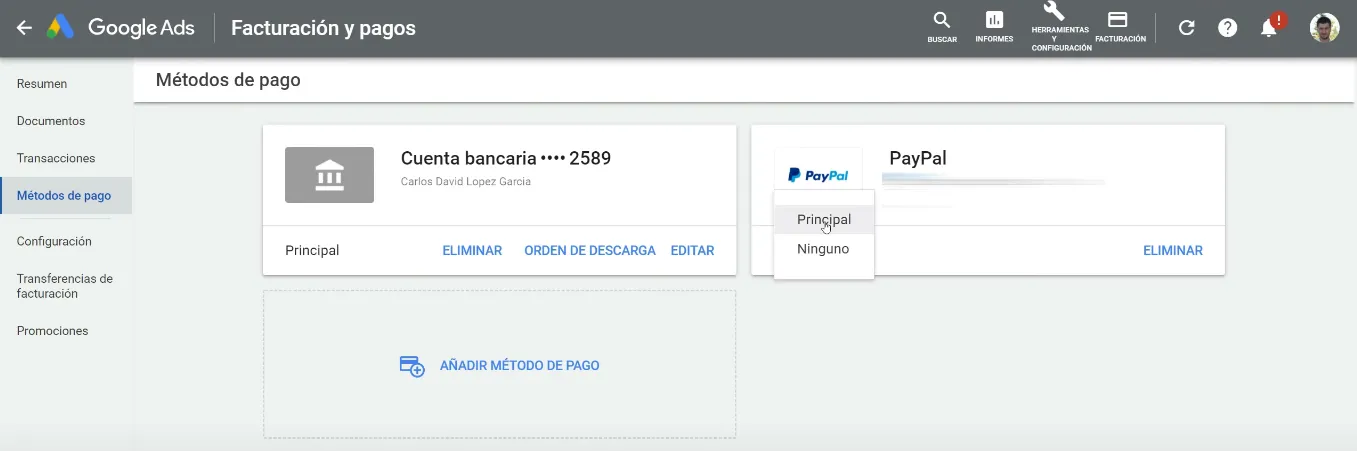Marcar PayPal como método de pago principal
