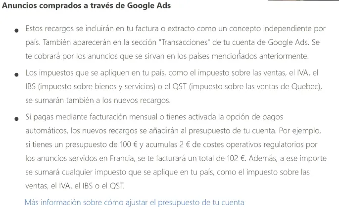 Impuesto Anuncios comprados en Google Ads