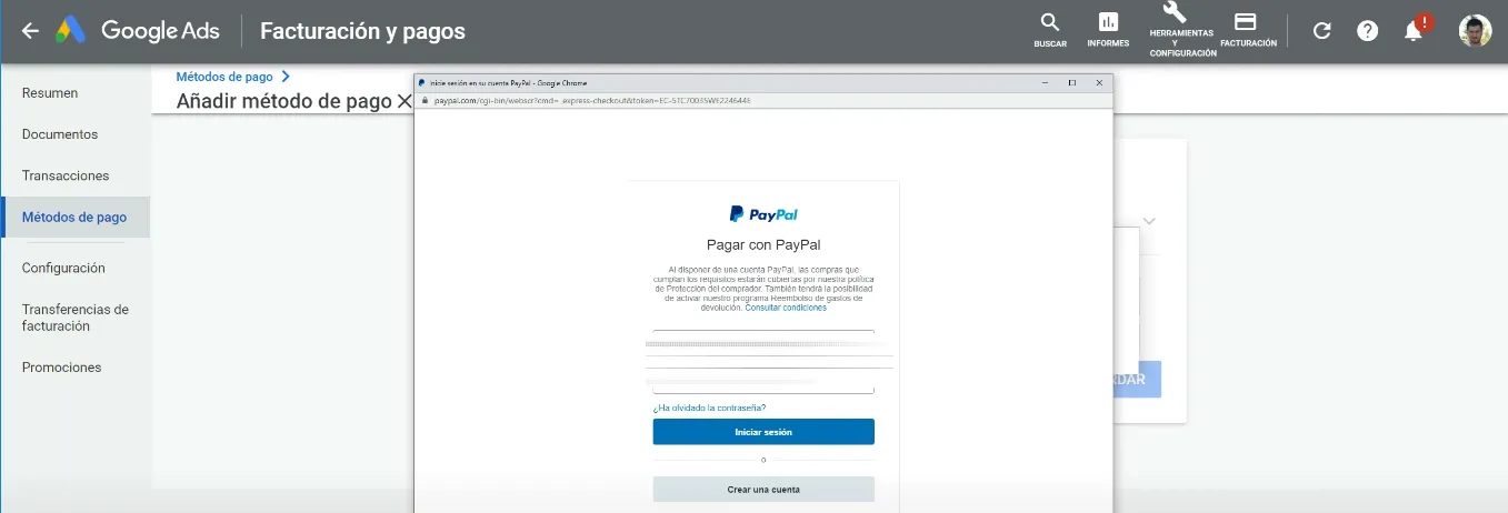 Iniciar sesión en PayPal desde Google Ads