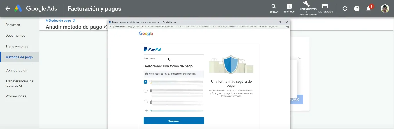 Método de pago de PayPal para Google Ads