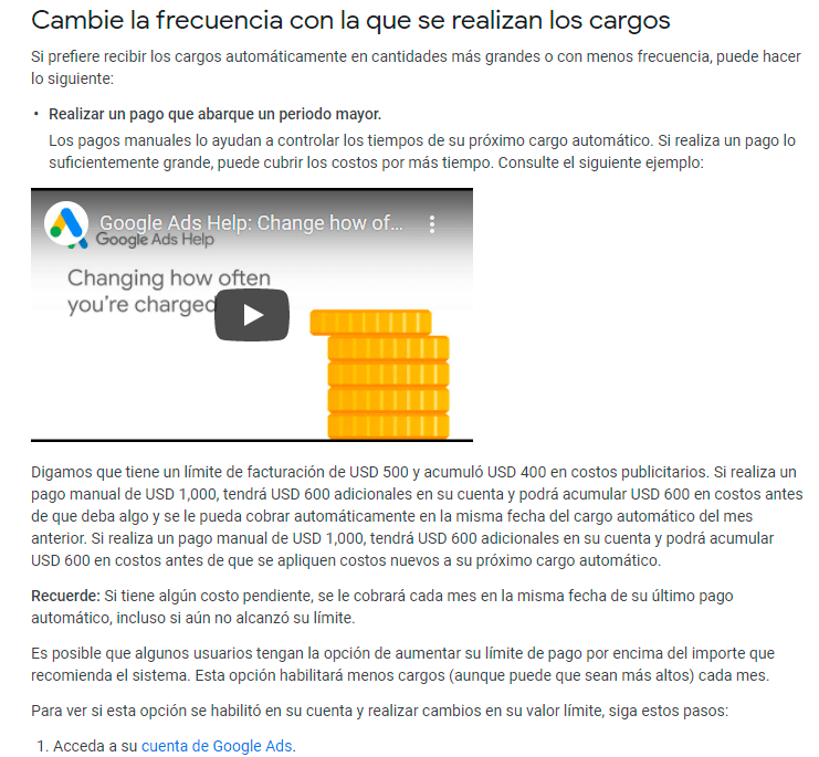 Cambiar la frecuencia de los pagos en Google Ads