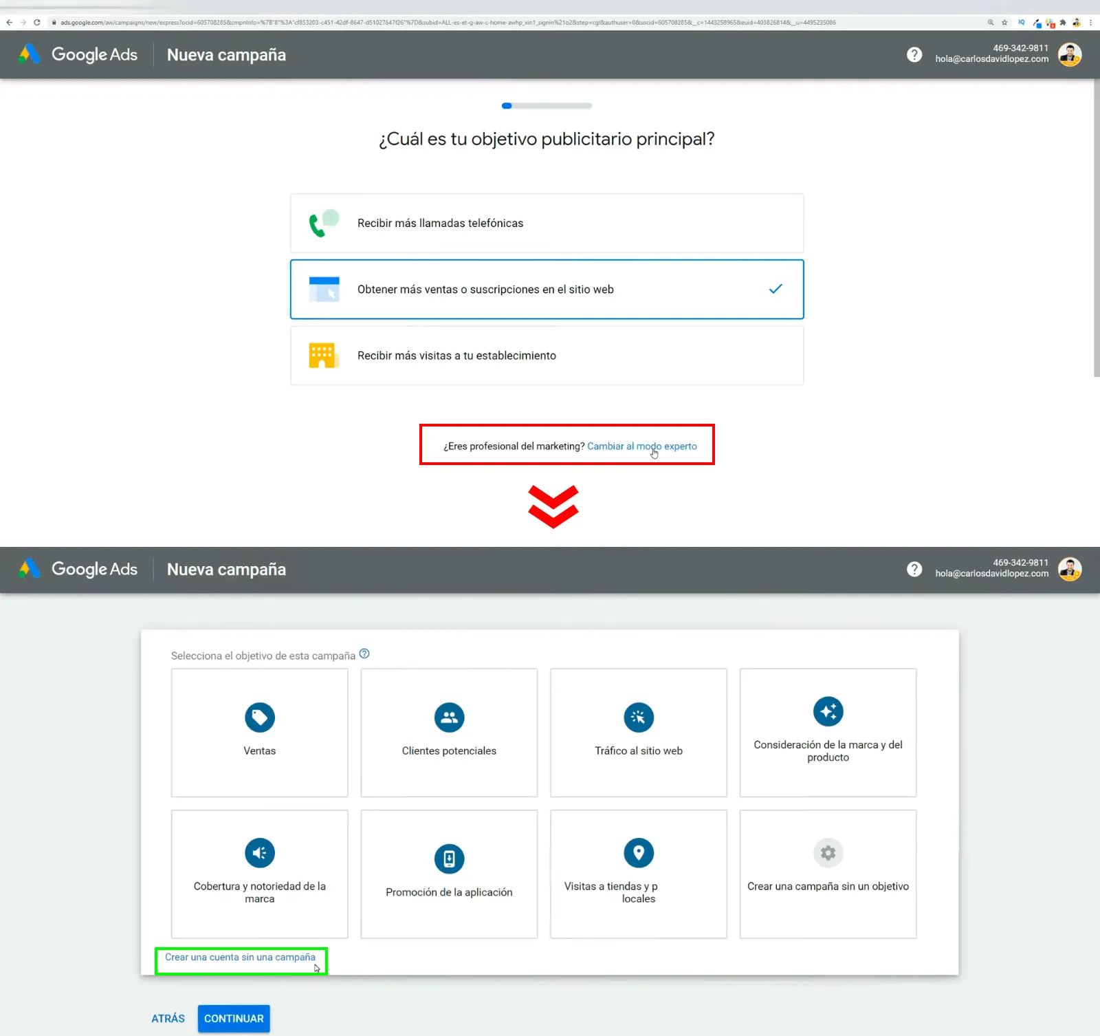 Omitir creación guiada de la cuenta de Google Ads