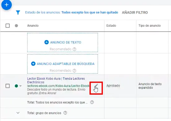 Seleccionar anuncio Google Ads