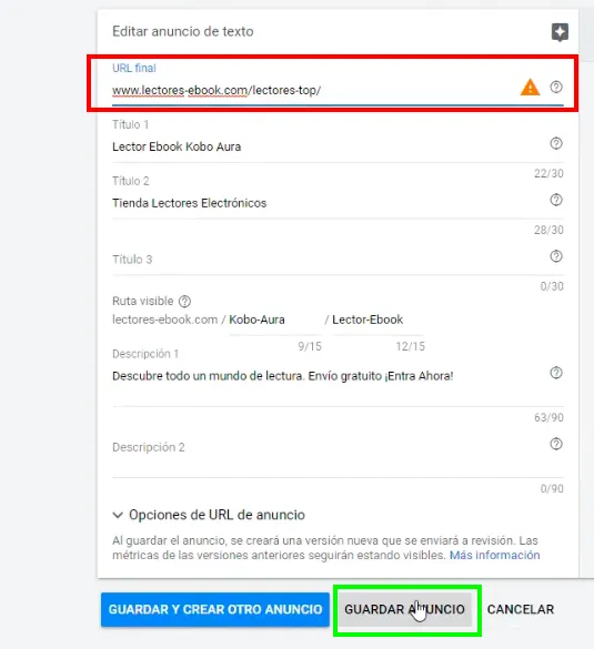 Modificar URL de anuncio Google Ads