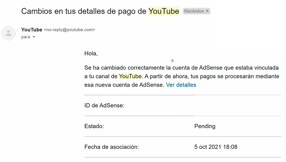 Primer correo del proceso de aceptación de YouTube