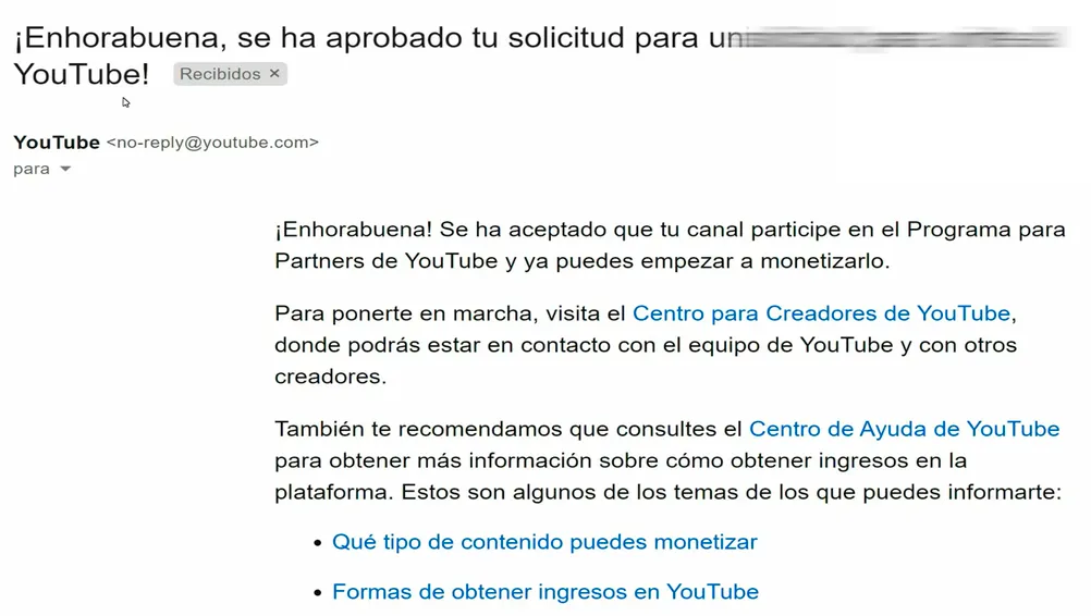 Segundo correo del proceso de monetización de YouTube