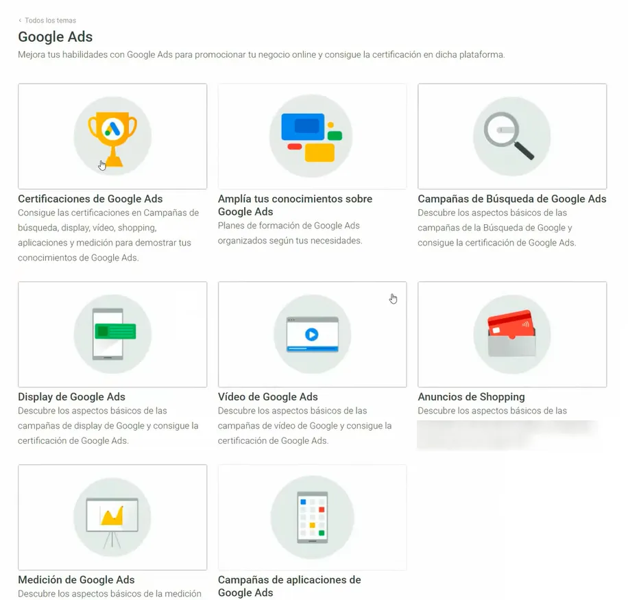Seleccionando la certificación de Google Ads a actualizar