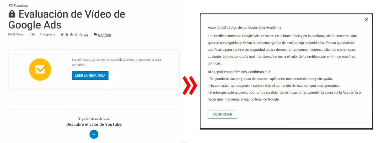 Inicio del examen de certificación de Google