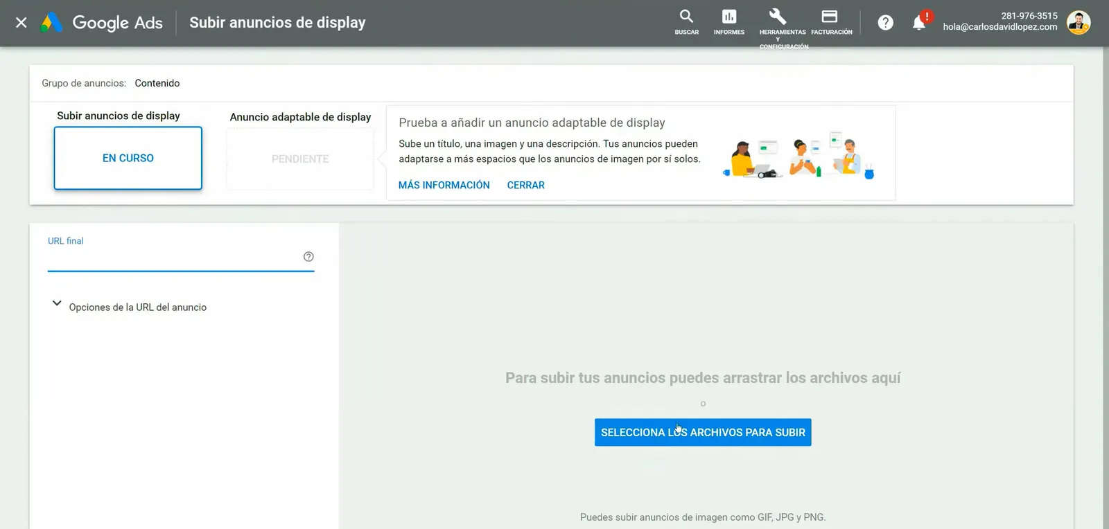 Subir anuncios de Display