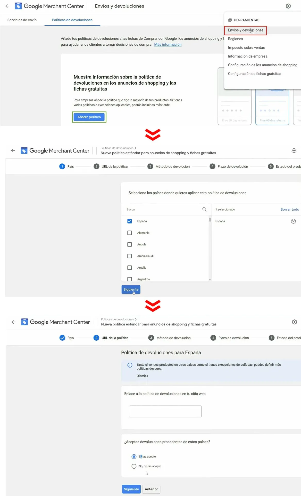 Configurar políticas de devolución en Google Shopping - Países y políticas en la web