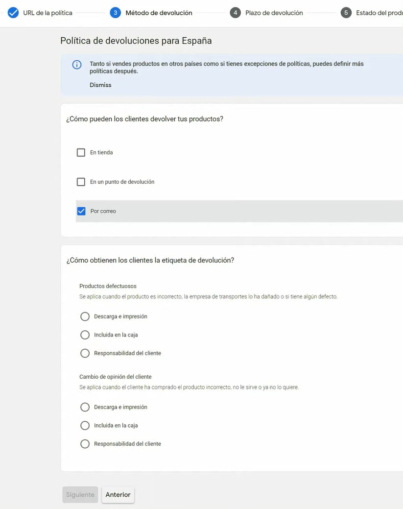 Configurar políticas de devolución en Google Shopping - Método de devolución