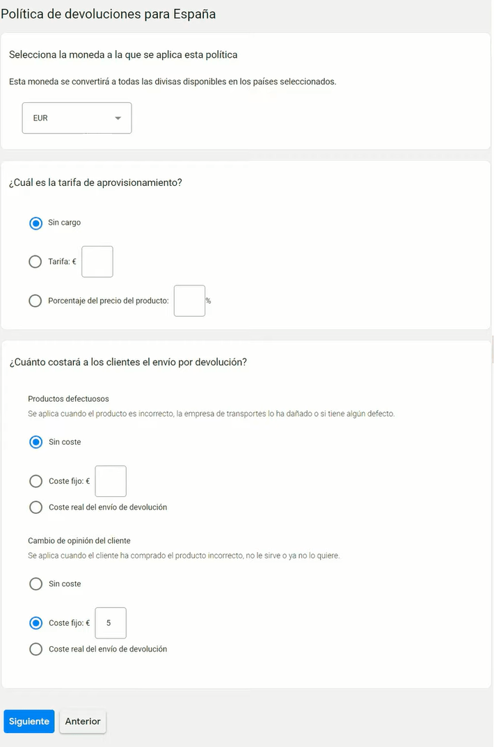 Condiciones extras de las políticas de devolución en Google Shopping