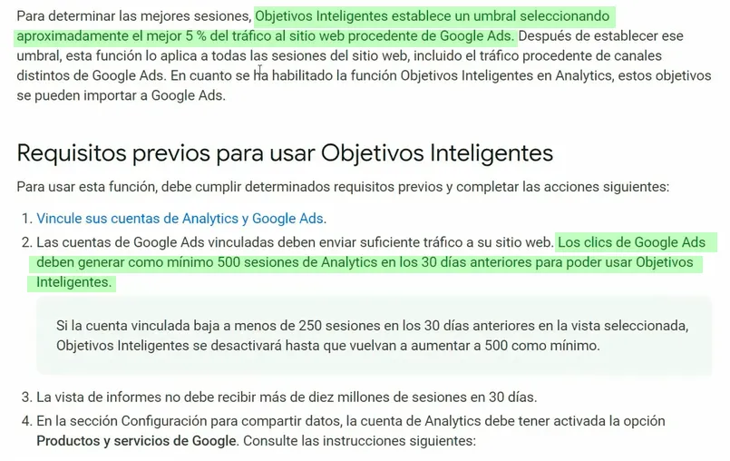 Requisitos previos para poder optimizar con objetivos inteligentes de Google Analytics