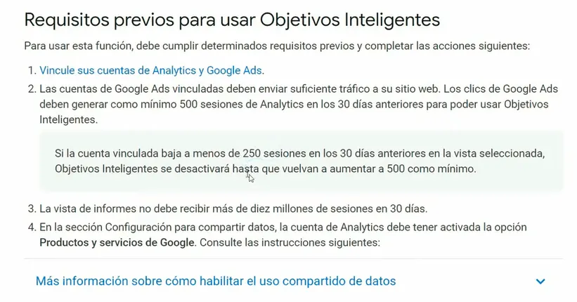 Requisitos para crear objetivos inteligentes en Google Analytics