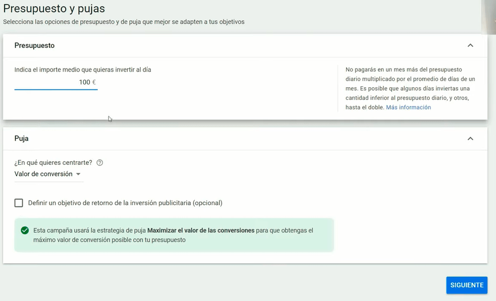 Presupuesto diario campaña Máximo Rendimiento