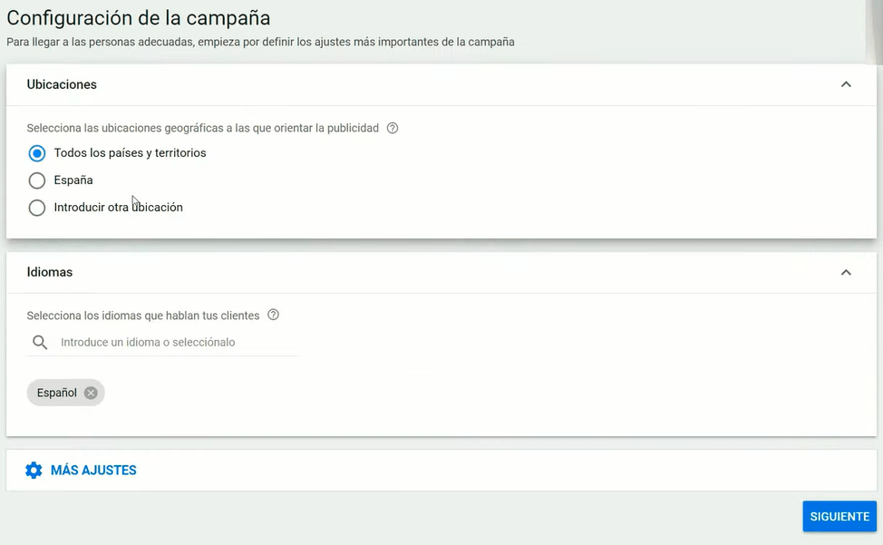 Configuración campaña de Performance Max