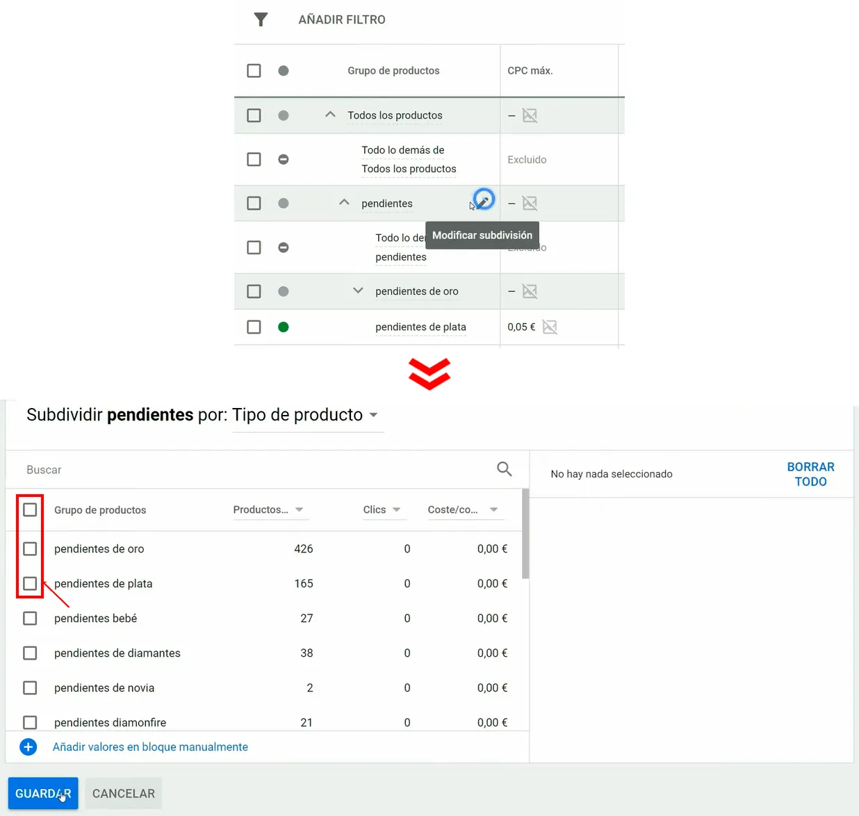 ¿Es posible deshacer las segmentaciones de los grupos de productos en Google Shopping?