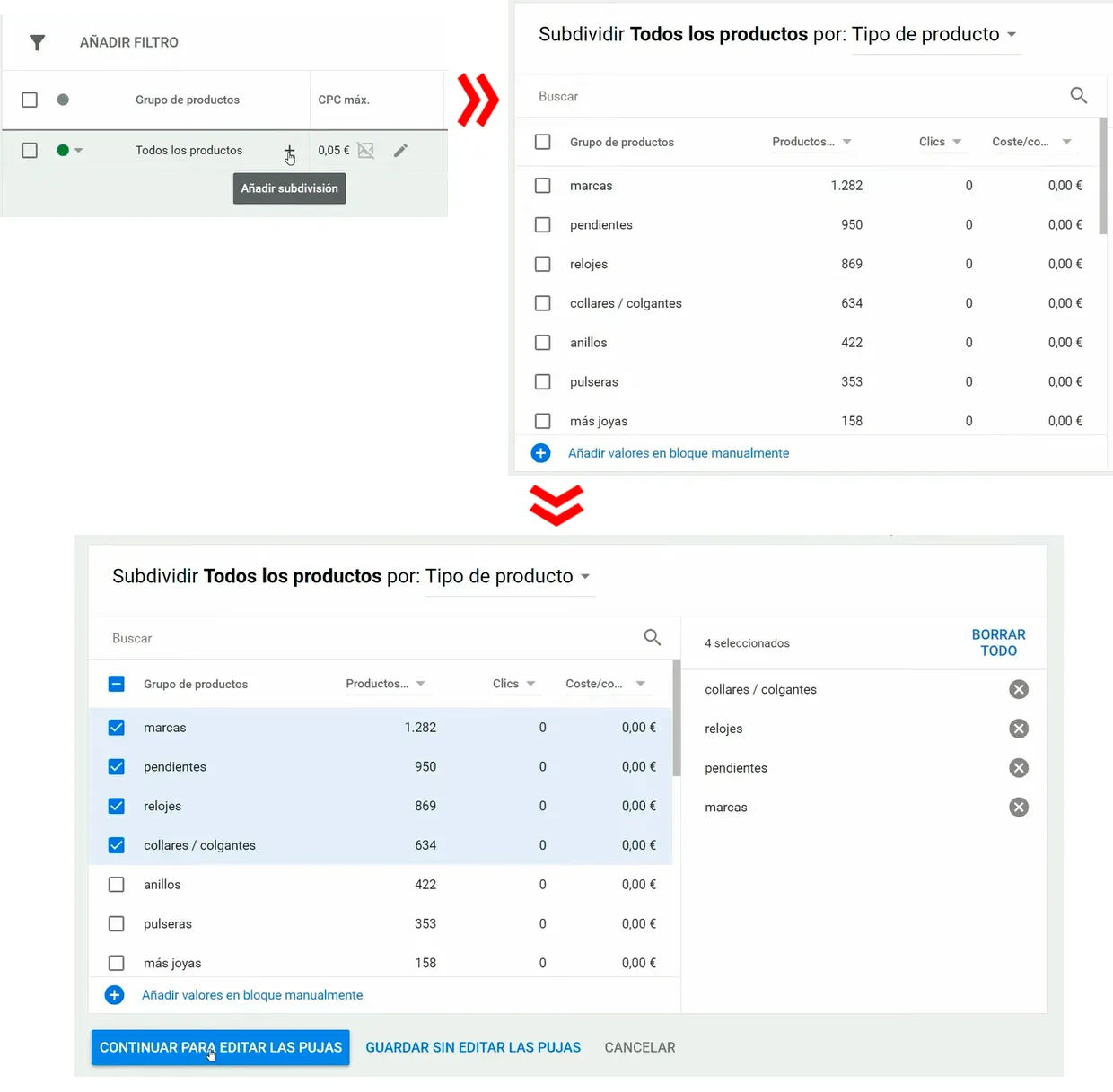 Crear subdivisión de grupos de productos en Google Shopping