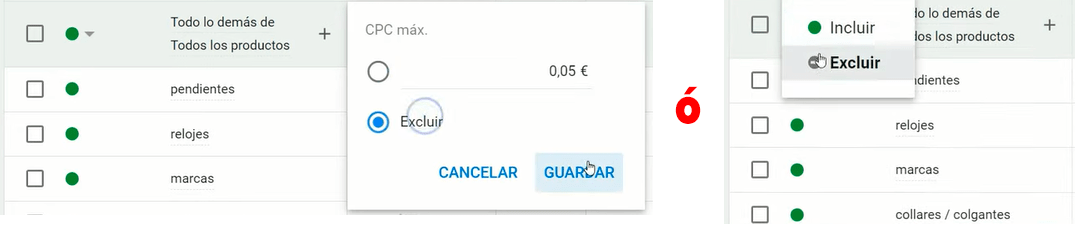 Excluir grupos de productos en Google Shopping